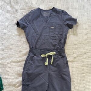 Figs Grey Scrub Set with Lime Green Tie
